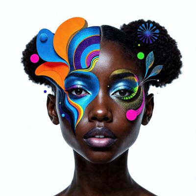 The primary subject of the image is a woman with a colorful and vibrant makeup design on her face. The makeup features a mix of colors, including blue, pink, and yellow, creating a visually striking appearance. The woman's face is the main focus of the image, and her expression is not discernible.

The setting of the image is a white background, which provides a clean and uncluttered backdrop for the woman's makeup. The visual style of the image is a